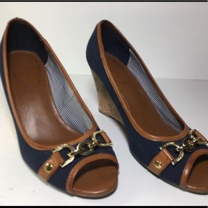Tommy Hilfiger Blue Peep Toe Cork Wedges Size 9